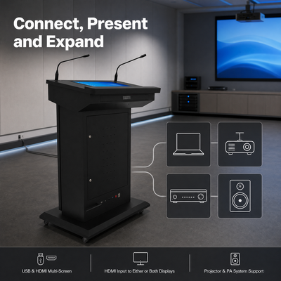 듀얼 스크린 스마트 포디움 HDMI 입력 USB 멀티 스크린 디스플레이 2 거위 마이크 PA 지원